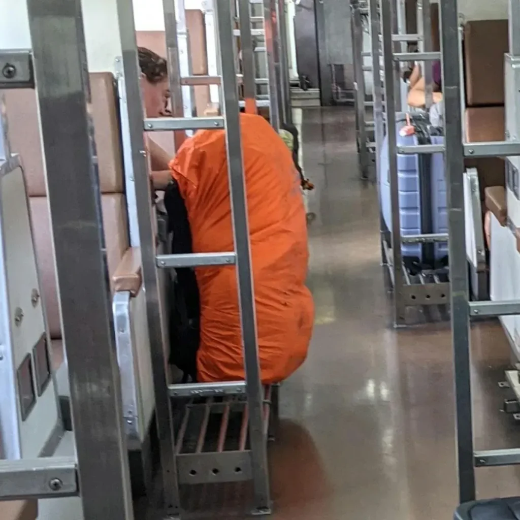 Large backpack (a.k.a in-cabin baggage) with a rain cover.