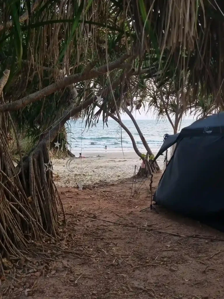 A camping tent setup within a patch of trees whose limbs and leaves are low-laying, just high enough to put a tent under. This camping spot is on a beach in Thailand, with someone swimming in the ocean in the background. An electrical cord is visible, as it is common place for camp grounds in Southeast Asia to have on-site electric outlets.