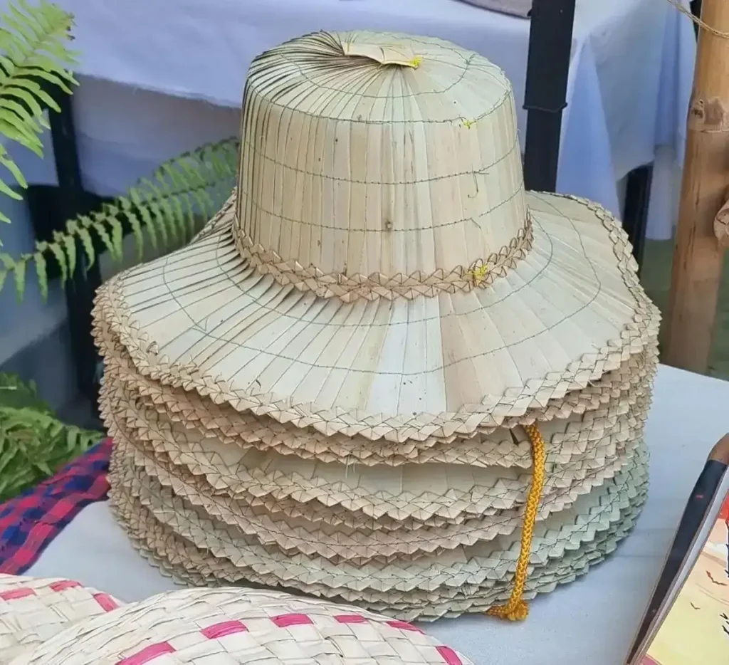 A Cambodian-style straw hat. These are hand-made. Thai, Khmer (Cambodian), and Vietnamese straw hats all different. Vietnamese are conical, while Cambodian staw hats are like a bucket hat. The Thai version are similar to the Cambodian one, but with some hard-to-describe shape differences.
