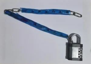 A medium-sized-linked bicycle chain and a large-sized travel lock.
