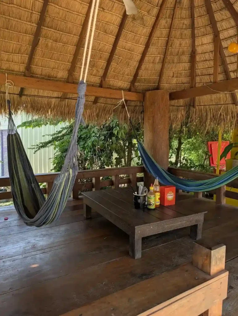 A hut for eating and relaxing. Inside has a table that is about six inches off the ground, and two hammock hanging inside. The hut is made of wood, with wood-plank flooring, short railing around the edges, and beams made of tree trunks at each of the four corners of the hut to mount the roof onto. The roof is made of straw with a wooden structure to mount the straw onto.
