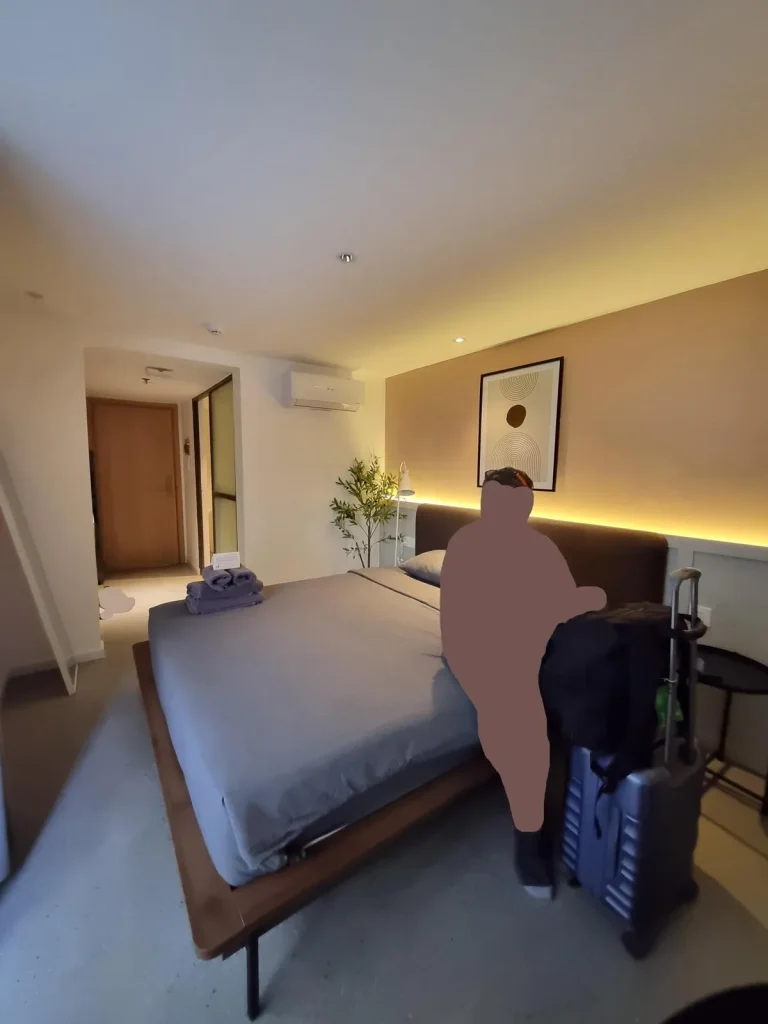A fully furnished hotel room in Southeast Asia. The image shows a queen-sized bed with all sheets, a small table, split-duct airconditioning unit, and the bathroom door in the background. Decoration includes a 3 foot tall plant, an abstract picture in frame, and recessed lighting behind the bed.