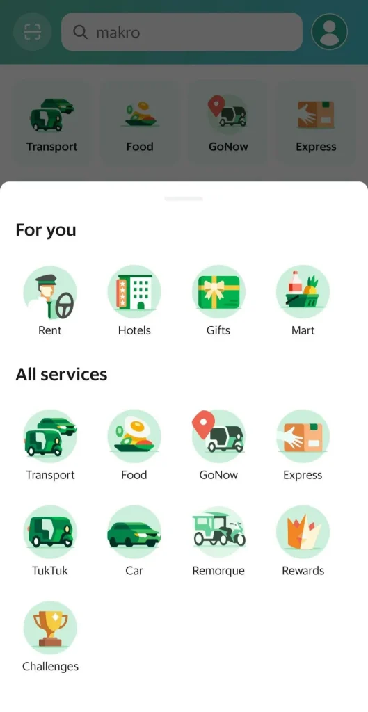 A screenshot for the option to rent a taxi for a select period of time (as opposed to per trip) on the Grab ride hailing smart phone application. Location is set to Cambodia - options may change for each country in SE Asia.