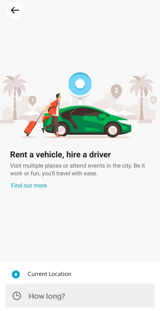 A screenshot for the option to rent a taxi for a select period of time (as opposed to per trip) on the Grab ride hailing smart phone application.