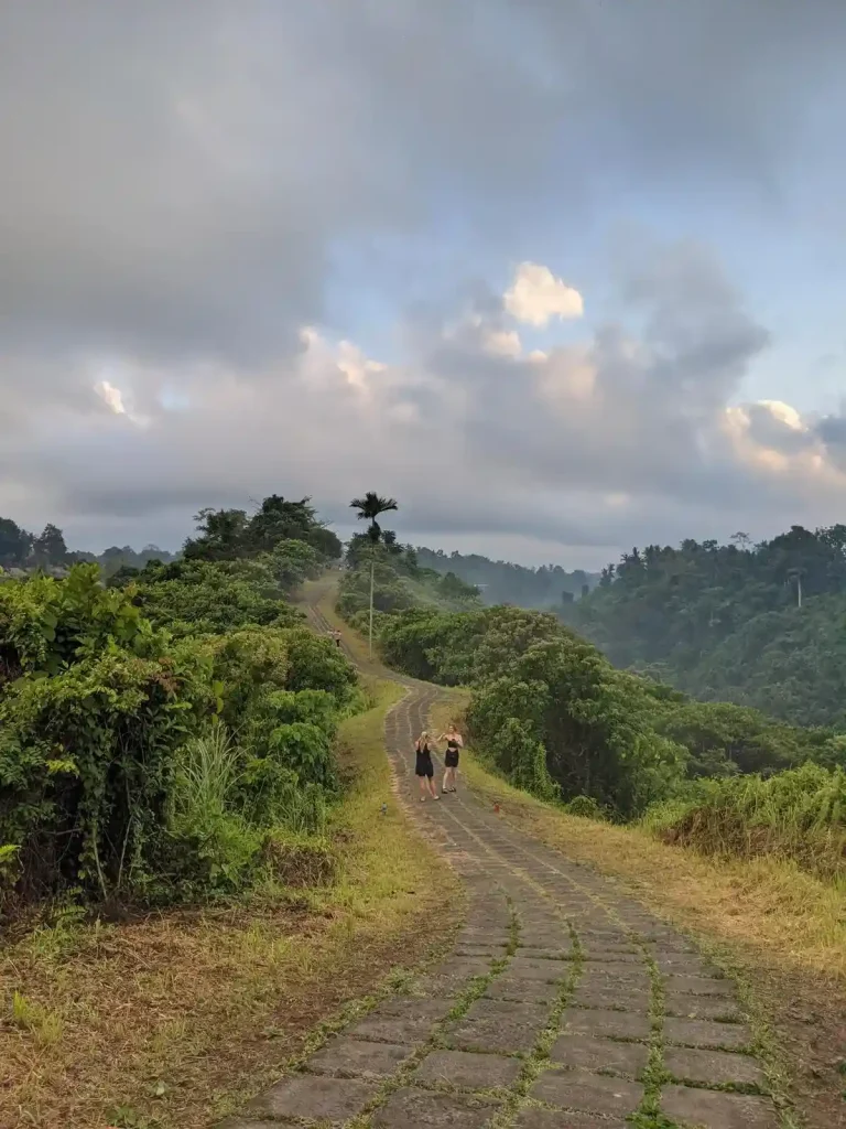 Two female hikers on a concrete tiled pathway traversing a small mountain ridge in the jungle region of Ubub, Bali, Indonesia. The pathway is surrounded with greenery - tall plants. The sky is cloudy and appears that it might rain soon.