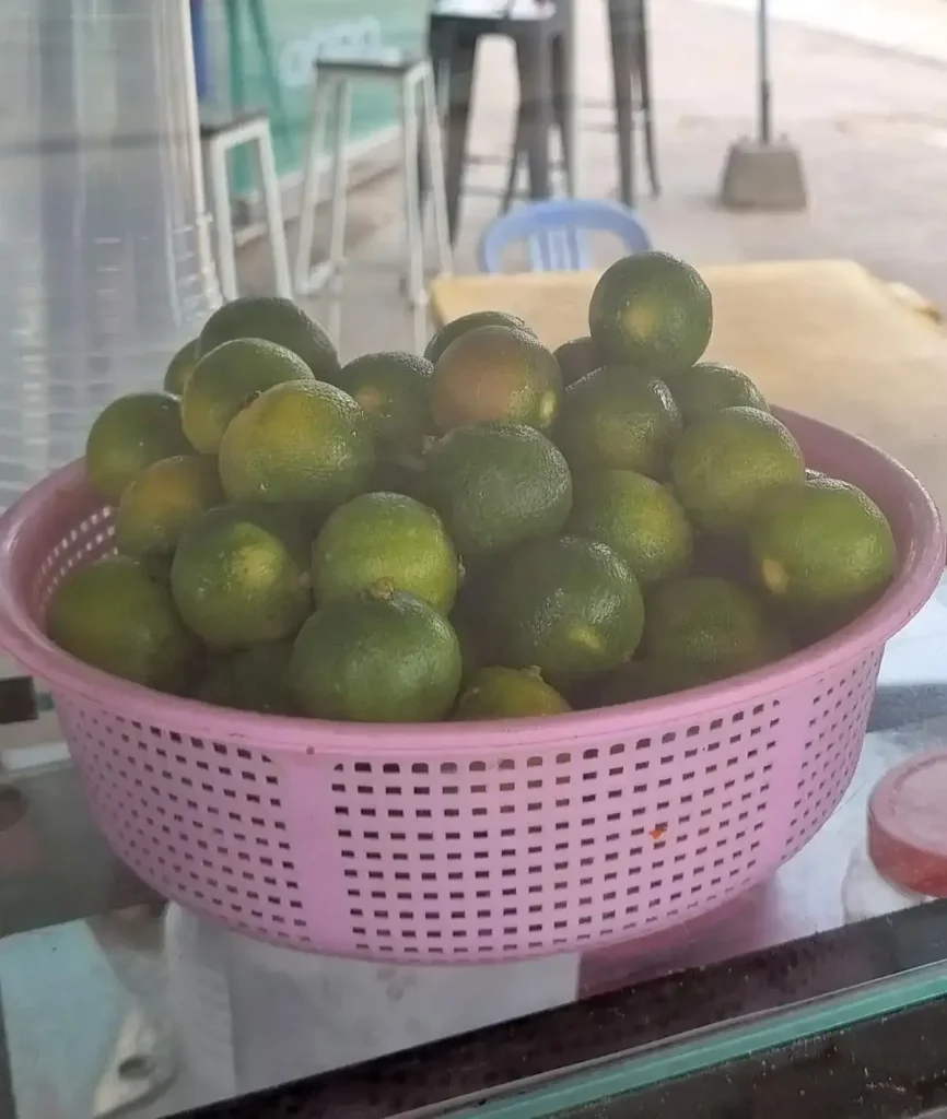 A small basket filled with fresh lime used, in part, for making sugarcane juice.