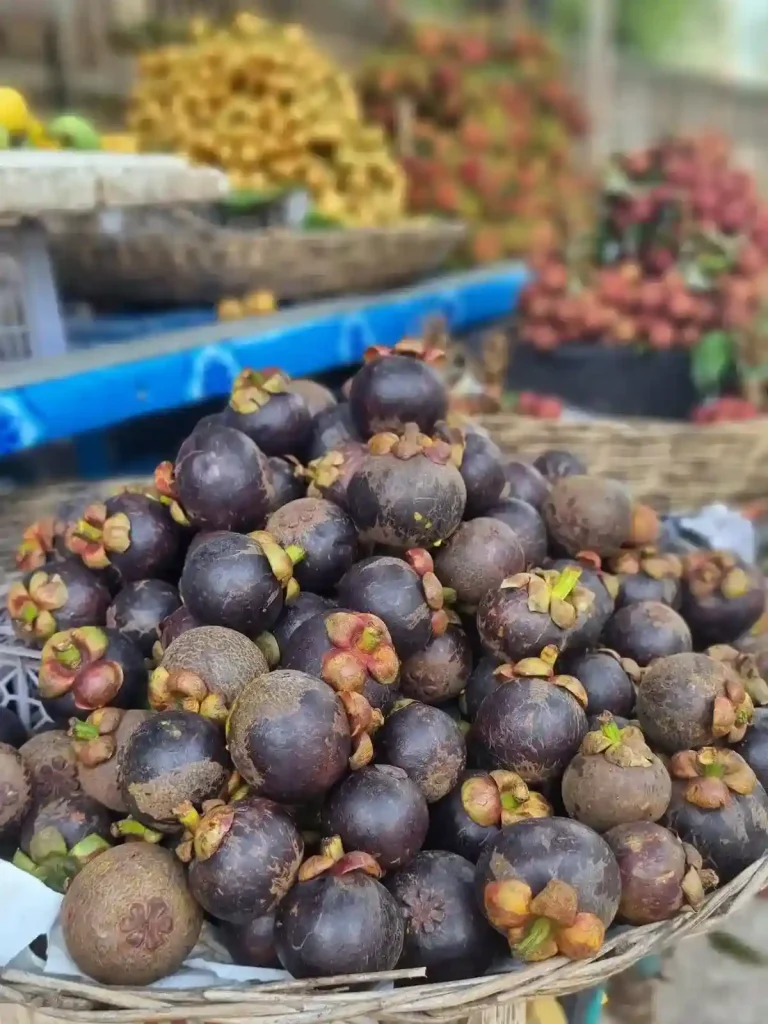 Fruit in whicker baskets on display for sale in Southeast Asia. The main fruit in focus is mangosteen.