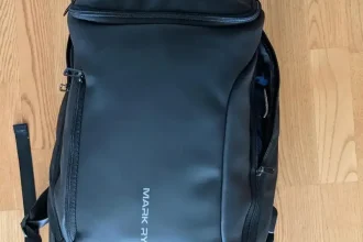 This is a front view of the Mark Ryden branded 30 liter backpack with 3 main compartments.