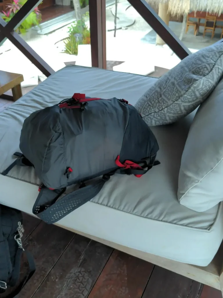 Fully stuffed 18 liter day bag. This bag is lightweight, and made by Marmot brand.