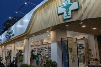 The storefront of a pharmacy in Southeast Asia.