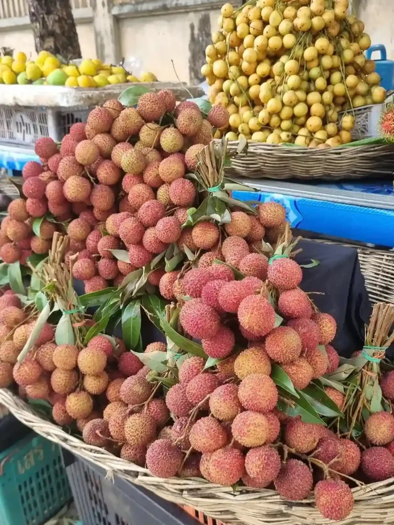 Fruit in whicker baskets on display for sale in Southeast Asia. The main fruit in focus is pulasan.
