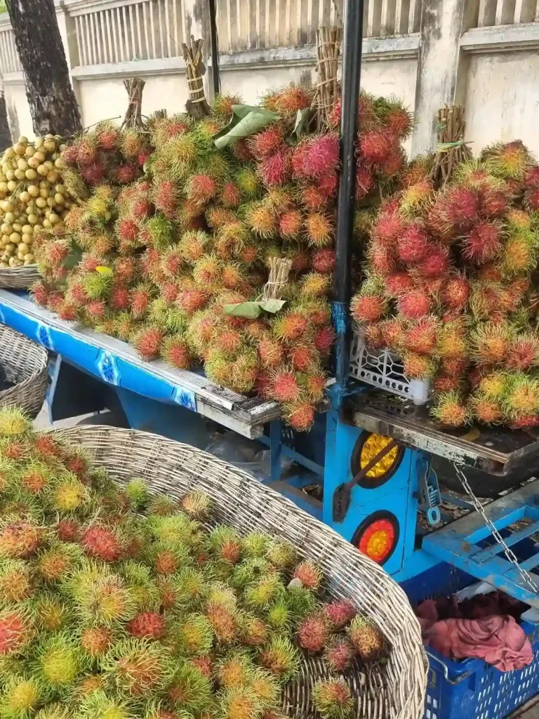 Rambutan fruit in whicker baskets on display for sale in Southeast Asia.