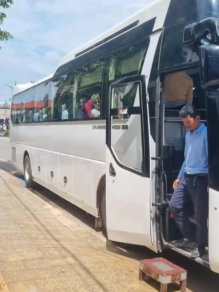 Riding by bus between cities within a country, or to a different country within Southeast Asia.