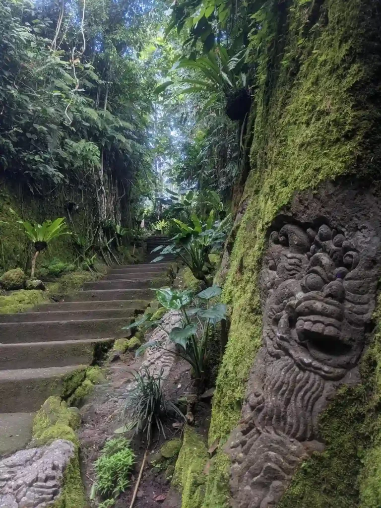 Jungle hiking on stairs with a stone carving of a mythical creature along the stairs. Location is Bali, Indonesia.