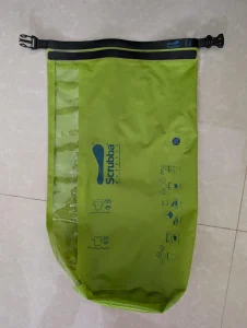 Dry bag. This bag is fully waterproof. It maintains waterproofing when submersing into water at a maximum depth usually around 1 meter (or 3 feet).