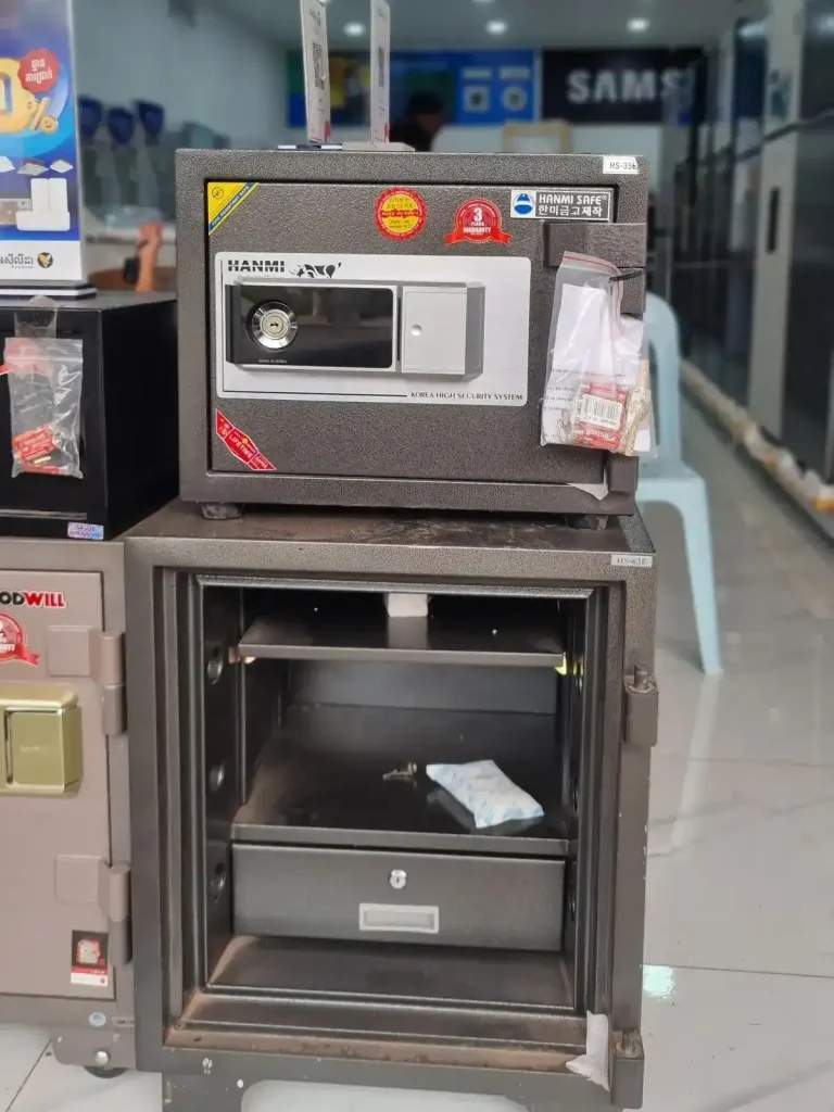 A lockbox safe for sale at a store in Southeast Asia. This safe can be used at your apartment or home for security puropses. The lockbox has a digital key-pin to unlock it.