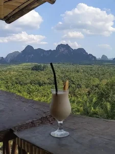 A picture of a banana smoothie in a glass with mountains in the background at a café in southern Thailand. A palm oil plantation with a forrest of palm trees covers the land between the café and mountains.