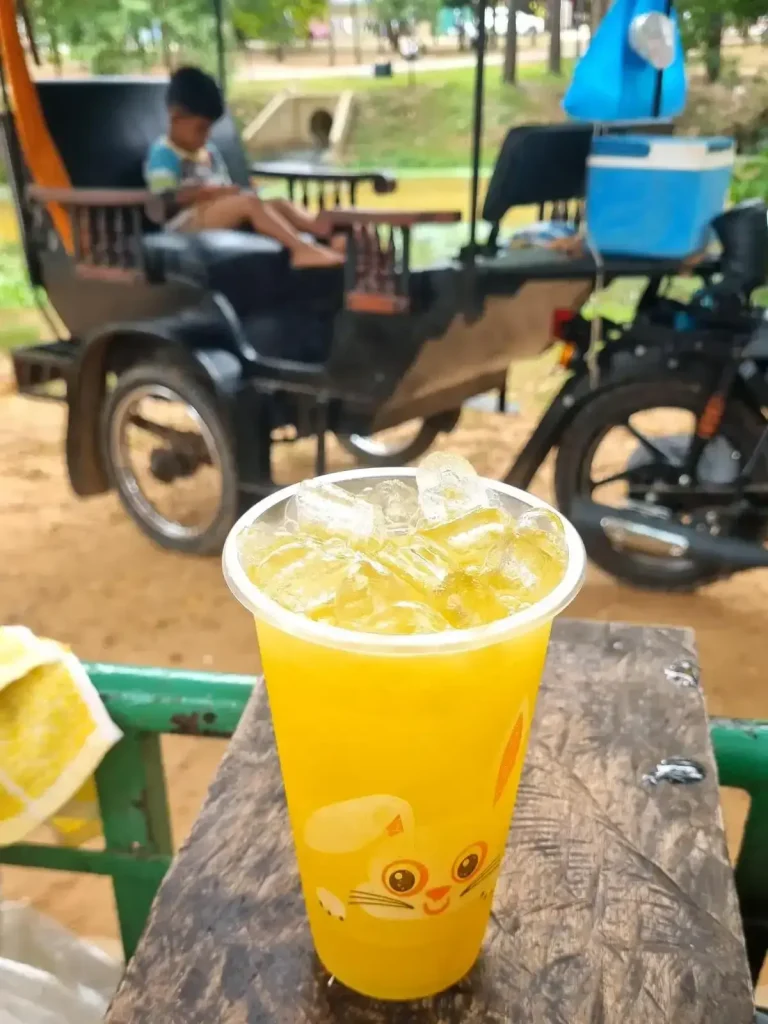 A medium cup of sugarcane juice with ice inside in Southeast Asia. A Cambodian wagon-style tuk-tuk is parked behind the focus of the cup of juice, making for a nice backdrop for the image. The cup has no lid or straw. For pleasure, the plastic cup has a cartoon of a cute rabbit smiling on it.