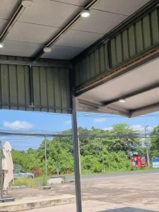 A close-up of a roof overhand made of welded steel tubing construction in Southeast Asia.