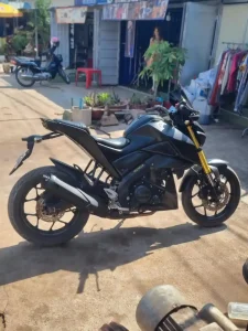A sport motorcycle (aka crotch rocket) made by Yamaha. This model is the MT-15 155cc (cubic centimeters) model. The motorcycle is parked. Location: Cambodia.