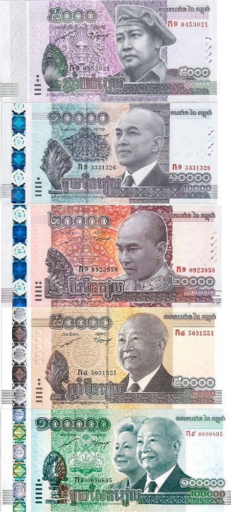 Cambodian bank notes for their currency, the Khmer Riel. Bills include 5000, 10000, 20000, 50000, and 100000.