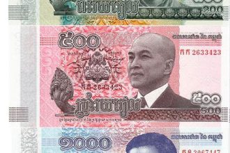 Cambodian bank notes for their currency, the Khmer Riel. Bills include 100, 200, 500, 1000, and 2000.