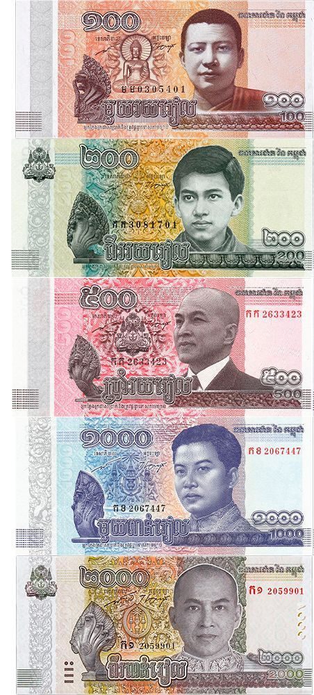 Cambodian bank notes for their currency, the Khmer Riel. Bills include 100, 200, 500, 1000, and 2000.