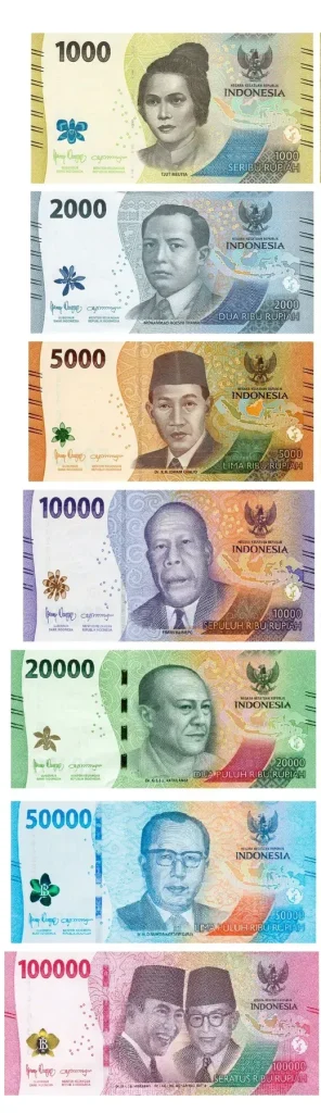 Indonesia bank notes for their currency, the Indonesia Rupiah. Bills include 1000, 2000, 5000, 10000, 20000, 50000, and 100000.