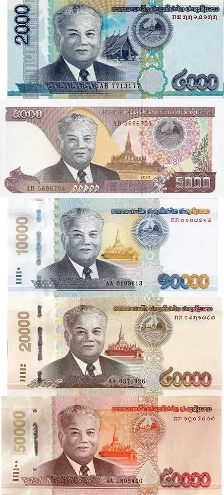 Laos bank notes for their currency, the Laos Kip. Bills include 2000, 5000, 10000, 20000, and 50000.