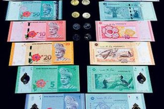 Malaysian bank notes for their currency, the Malaysian Ringgit. Bills include 1, 5, 10, 20, 50, and 100. The following coins are also in the image: 50 cent, 20 cent, 10 cent, and 5 cent coins. Fifty cent is one half of a ringgit. Ten cent is ten percent of a ringgit (i.e. ten coins that are ten cent ringgit equal one ringgit).