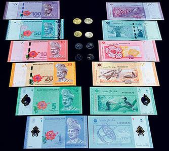 Malaysian bank notes for their currency, the Malaysian Ringgit. Bills include 1, 5, 10, 20, 50, and 100. The following coins are also in the image: 50 cent, 20 cent, 10 cent, and 5 cent coins. Fifty cent is one half of a ringgit. Ten cent is ten percent of a ringgit (i.e. ten coins that are ten cent ringgit equal one ringgit).