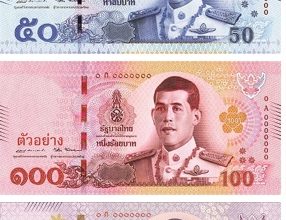 Thailand bank notes for their currency, the Thai Baht. Bills include 20, 50, 100, 500, and 10000.