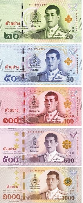 Thailand bank notes for their currency, the Thai Baht. Bills include 20, 50, 100, 500, and 10000.
