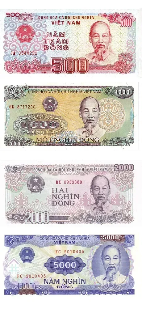 Vietnam bank notes of smaller denominations for their currency, the Viet Dong. Bills include 500, 1000, 2000, and 5000.