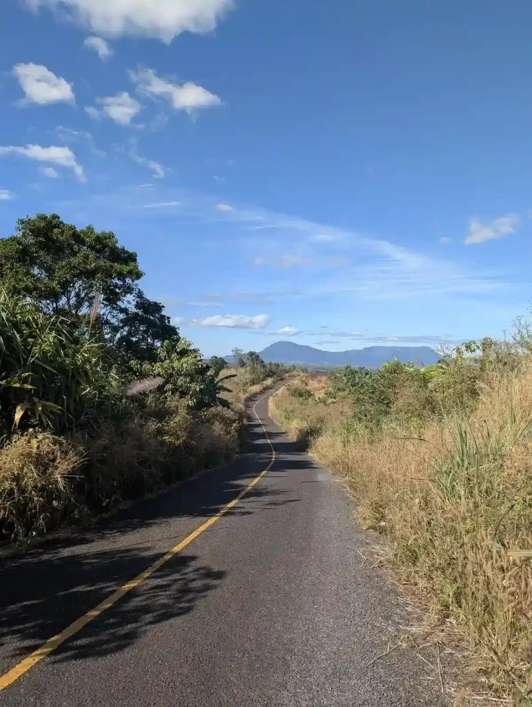 Looking down a paved country road in Southern Laos, while riding the Bolaven Loop. At a distance, at the end of the road, there are mountains. Along the road are trees and tall grass.