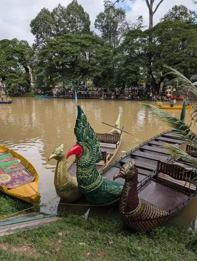 Three special wooden boats with large wooden chicken heads carvings / statues at the head of the boats. The middle boat has a naga-style head integrated within it. Naga is a mythical snake-like creature. These are along the the shore of the Siem Reap river during the Boat Racing festival (Bon Om Touk) in Siem Reap, Cambodia.