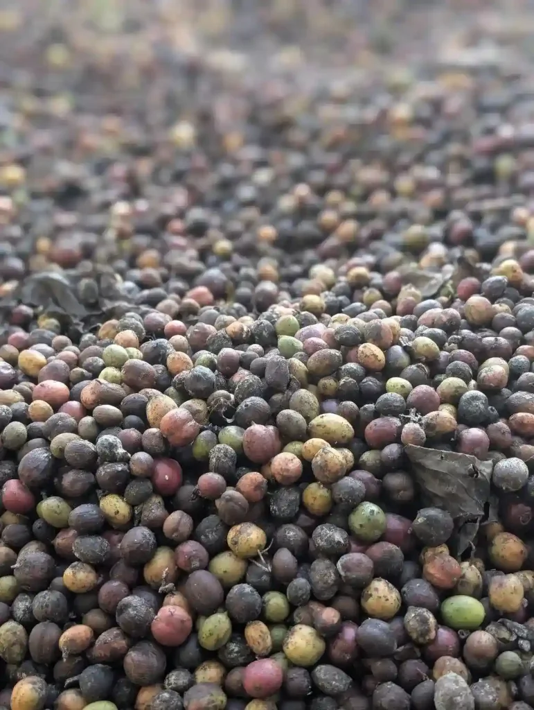 A close-up of coffee beans that are drying. Location is Bolaven Plateau in southern Laos.