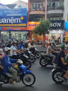 Dense motorbike traffic in Vietnam.