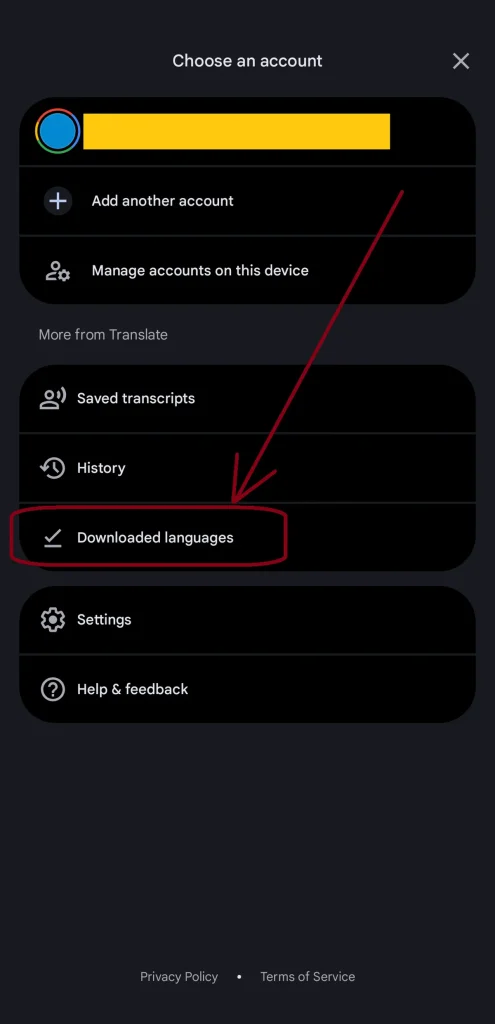 A screenshot of the account settings within the Google Translate app. There is an arrow pointing to the "Downloaded languages" button within the settings. This is to guide you where to find "Downloaded languages".