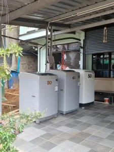 On-site laundry at a rental in Southeast Asia. There are no driers, only washing machines.