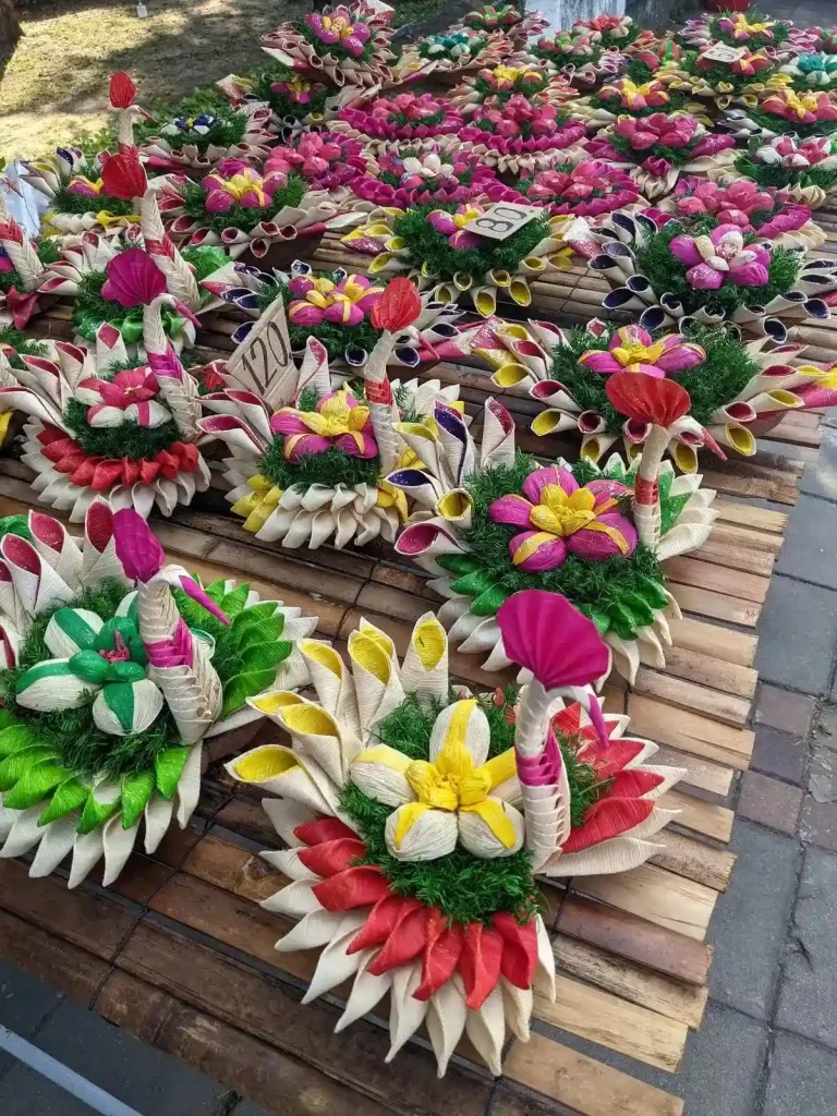 Krathongs for sale during the Loi Krathong holiday in northern Thailand. Price is one hundred and twenty Thai Baht (about four US dollars). Others are priced at eighty Thai Baht (roughly two and a half US dollars)