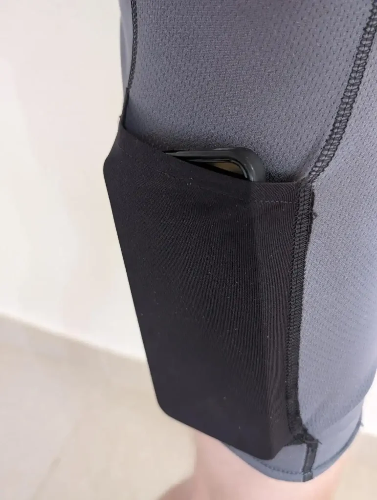 Cell phone in a pocket on underwear. A pair of spandex underwear that has a built-in storage pocket. A cell phone is inside the pocket to demonstrate the size of the pocket - a smart phone fits no problem. The pocket is on the right-hand leg side.