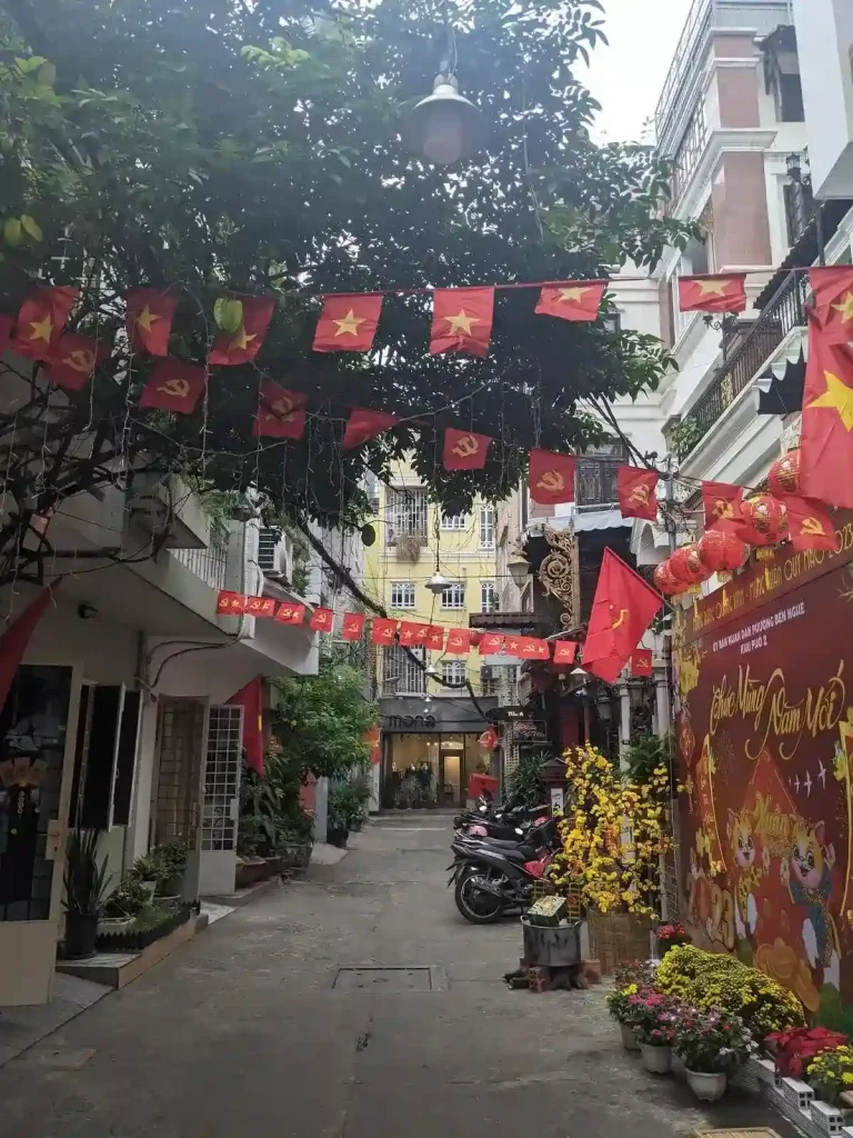 A street in Vietnam with Tet decorations. Tet is a Chinese and Vietnamese lunar New Year holiday. A rope spans across a narrow street (one car-width wide) that has several small Vietnamese flags hanging from it. There are three of these ropes. One rope has eight flags, the others have ten and about twenty. On the ground is a backdrop poster attached to a wall that reads "Happy New Year" in Vietnamese. Along this poster are decorations including a mix of yellow and red flowers, and some red Chinese lanterns. This backdrop poster appears to be setup for people to take pictures of themselves at, a common theme in Vietnam.